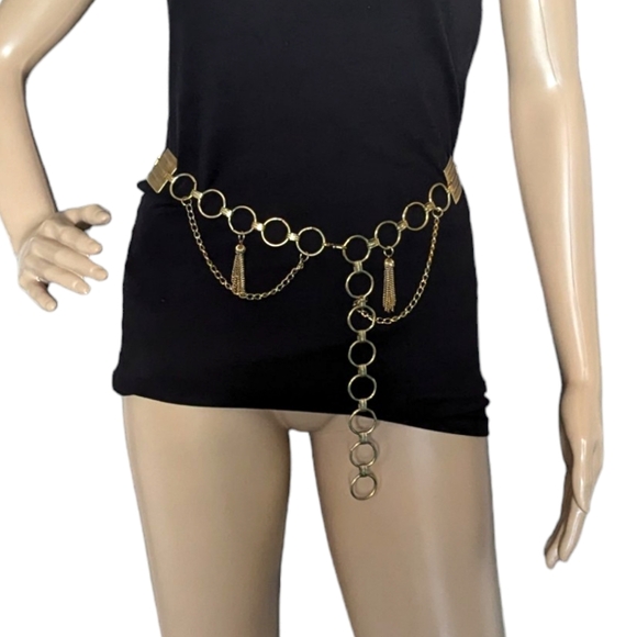 Vintage 80s Gold Ring Chain Draped Tassel Waist Chain Belt - Picture 2 of 9